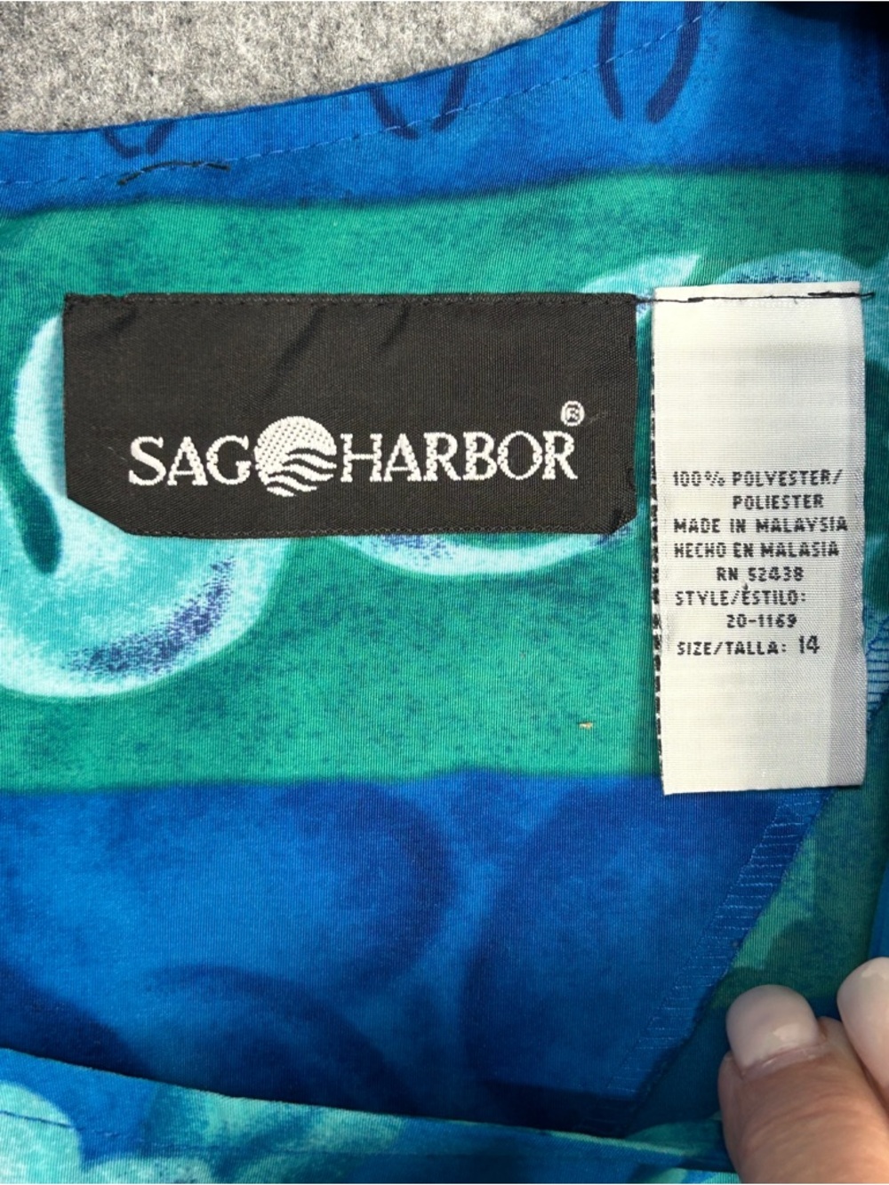 Sag Harbor Size 14 Blue Green Floral Sleeveless Faux Wrap Dress Tie Waist Zipper - Picture 4 of 7